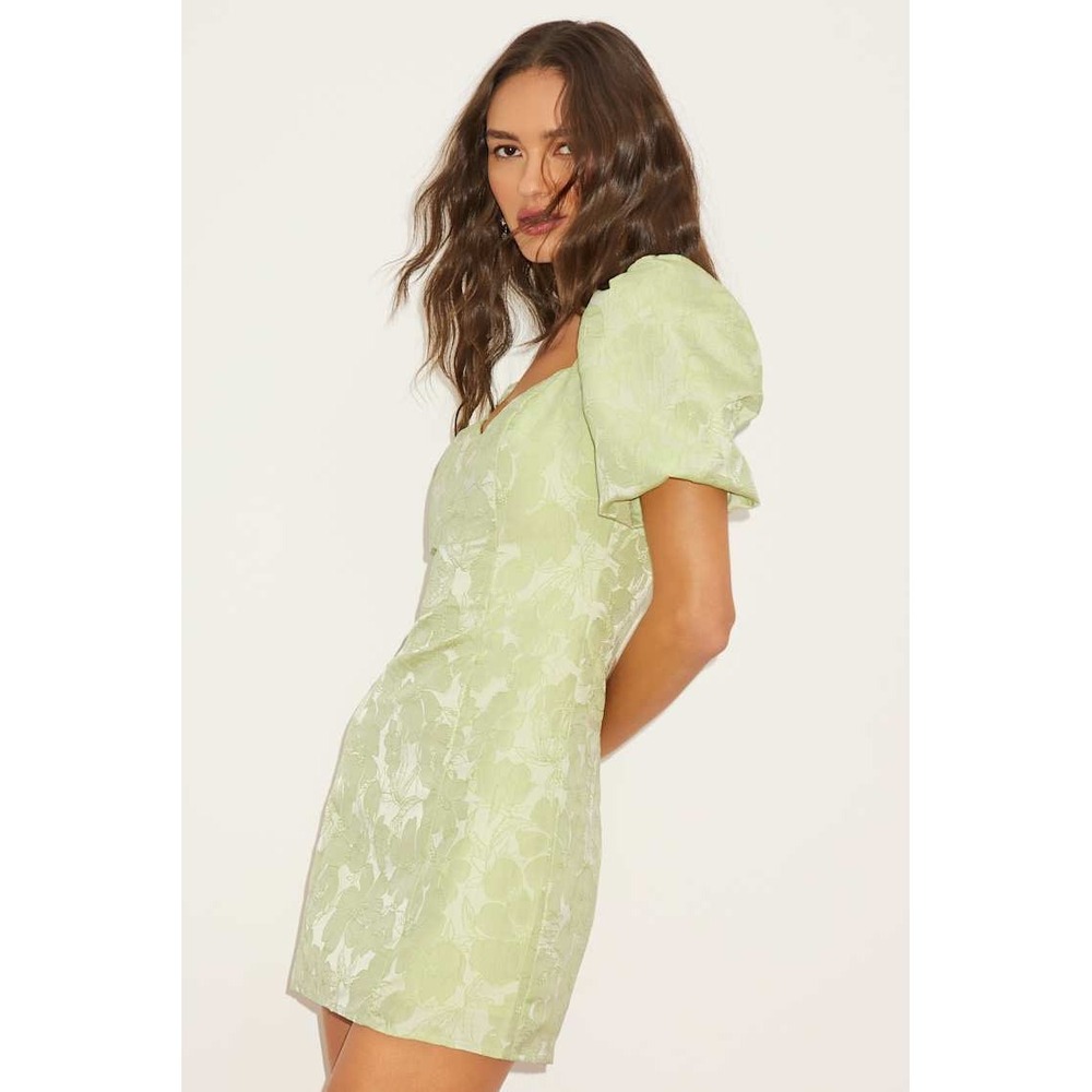 Lulus Lustrous Love Light Green Floral Jacquard Puff Sleeve Mini Dress XS NEW - Picture 3 of 11